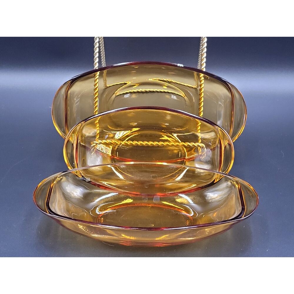 Vntg Vereco Relish Amber Glass Dish 3 Set France Gold Fall Autumn Thanksgiving